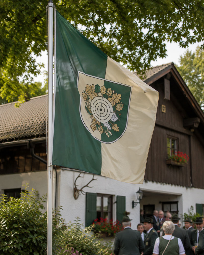 Moderne Vereinsfahne eines Schützenvereins am Vereinsheim